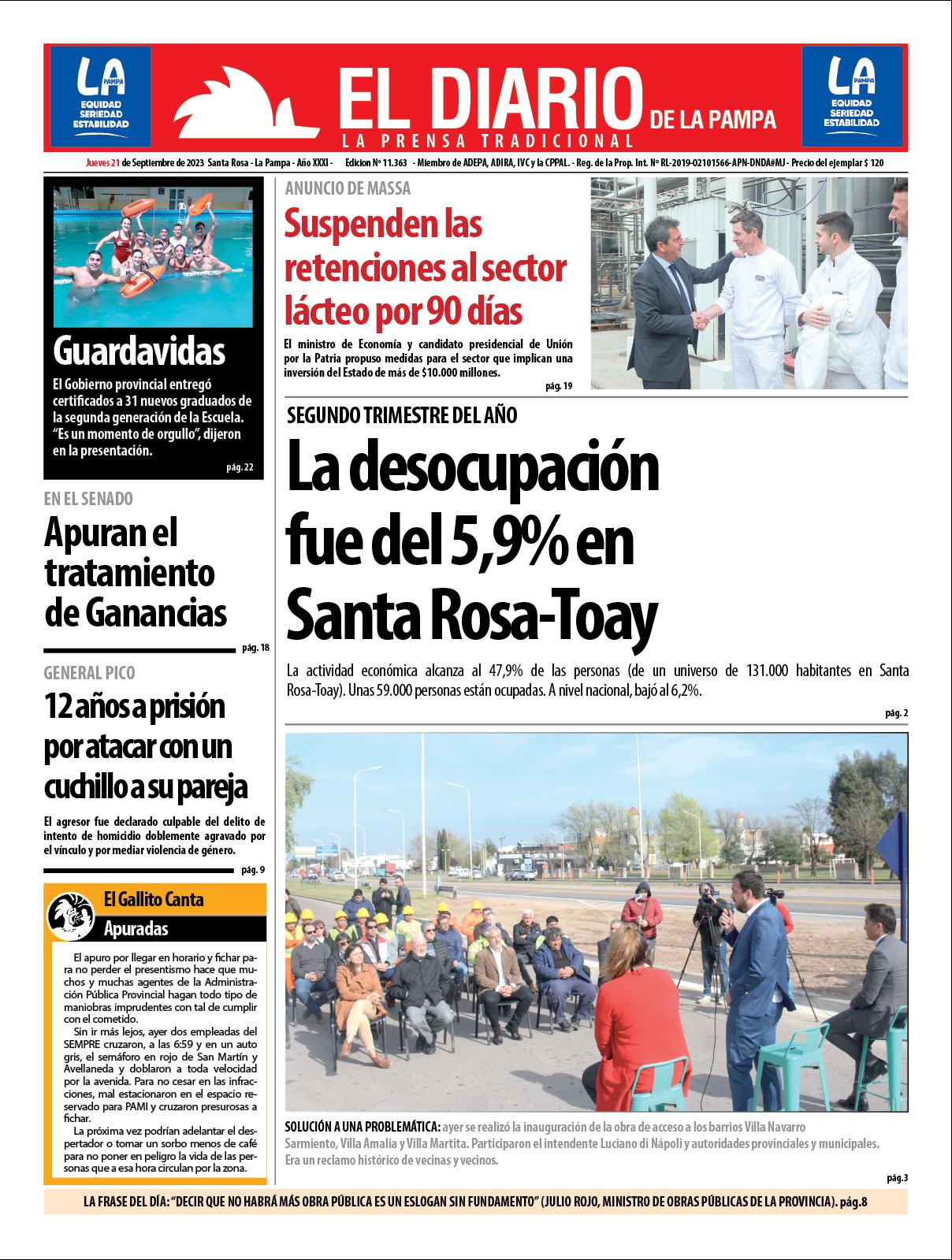 Tapa de El Diario en papel  jueves 21 de septiembre de 2023